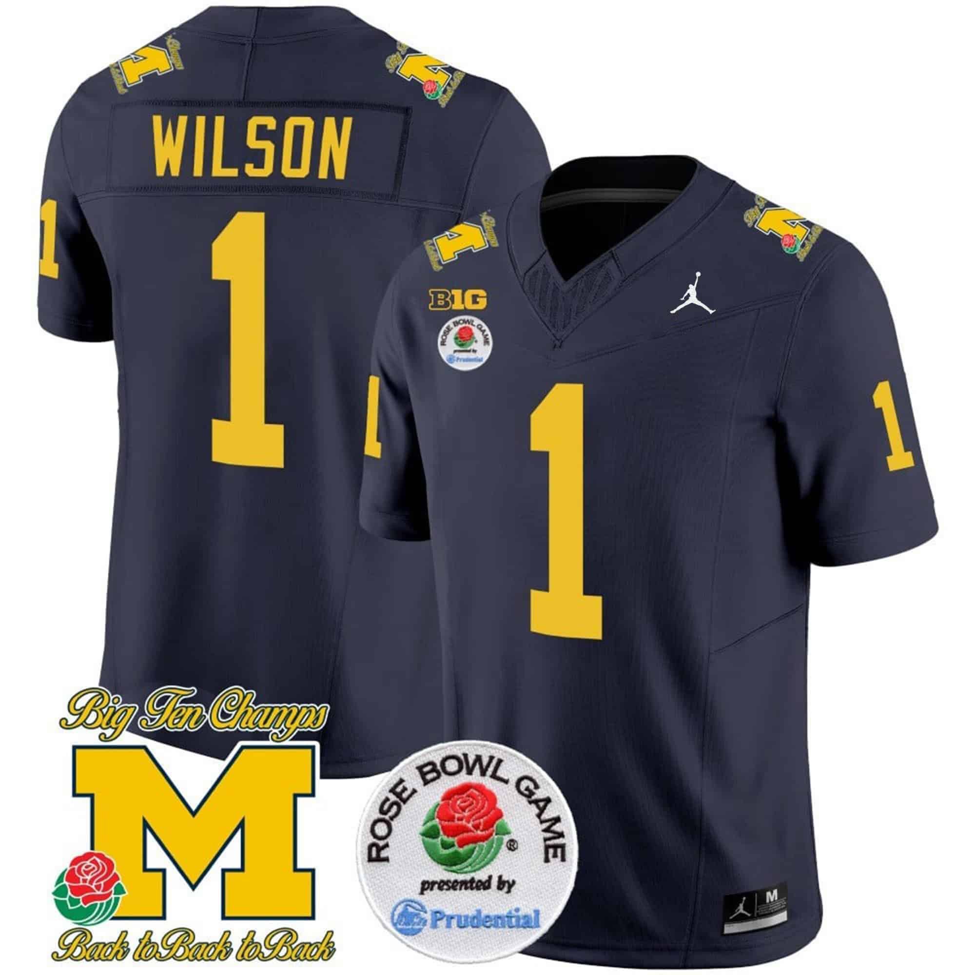 Men Michigan Wolverines #1 Wilson Drak Blue 2024 Rose Bowl Patch Vapor Limited NCAA Jersey